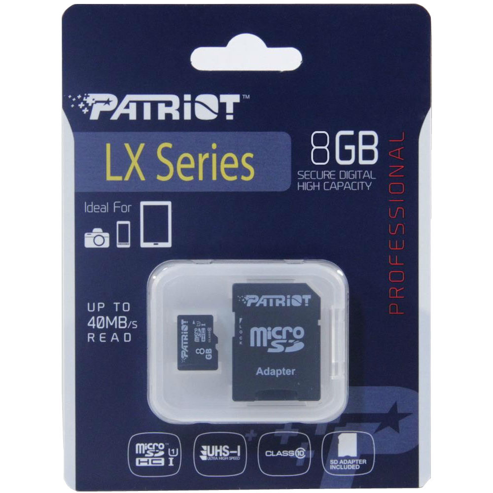 Карта пам'яті PATRIOT 8 Gb class 10 (PSF8GMCSDHC10) Тип карти micro-SDНС