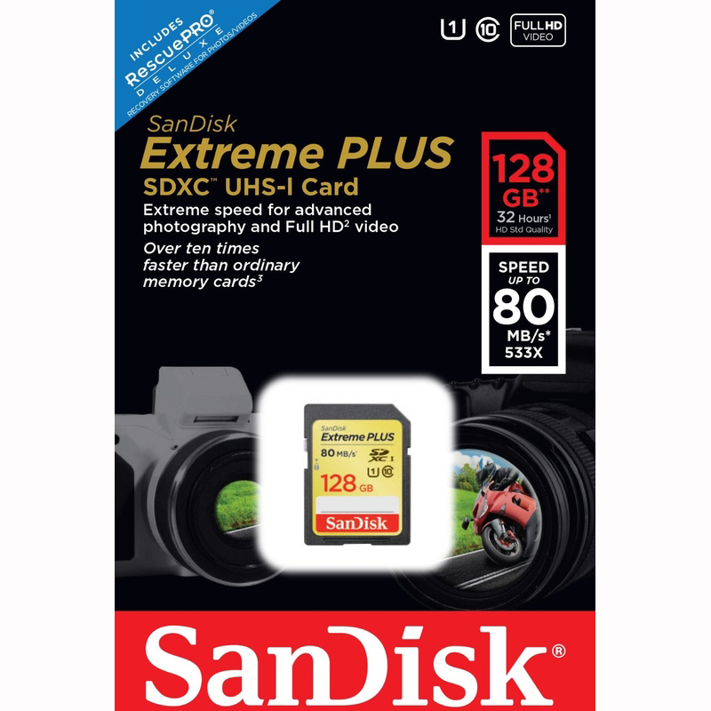 Карта пам'яті SANDISK Extreme Plus 128 GB SDXC Class 10 UHS-I (SDSDXS-128G-X46) Тип карти SDXC