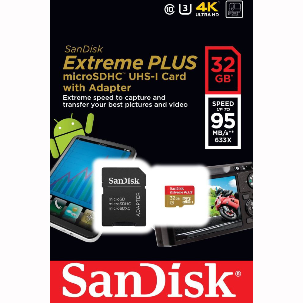 Карта памяти SANDISK microSDHC 32GB Extreme PLUS Class 10 (SDSQXSG-032G-GN6MA) Адаптер в комплекте SD