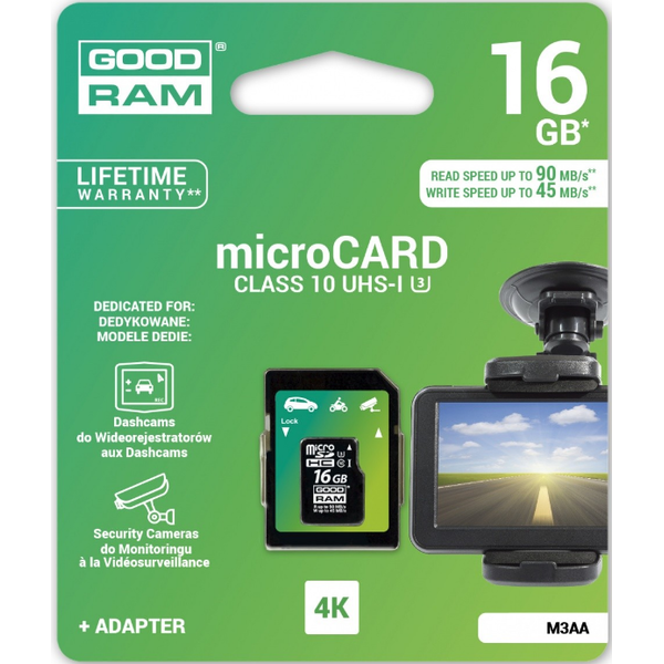 Карта памяти GOODRAM MICROSDHC 16GB UHS I MLC U3 + AD (M3AA-0160R11-DD)