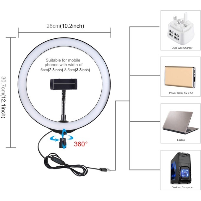 Кольцевая LED лампа PULUZ USB 10.2" + крепление 140 см (PKT3039) Bluetooth False