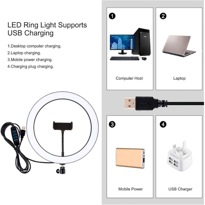 Кольцевая LED лампа PULUZ USB 11.8" + штатив 1.1 м (PKT3056B) Bluetooth False