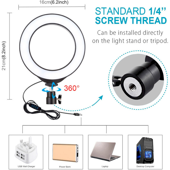 Кольцевая LED лампа PULUZ USB 6.2" + штатив (PKT3038) Дополнительные особенности наружный диаметр 160 мм, внутренний диаметр 110 мм, крепление для телефона 6-8.5 см, питание USB, 72 светодиода, яркость лампы 24-26 lm, цветовая температура белого света 6500K, температура теплого белого цвета 3200K