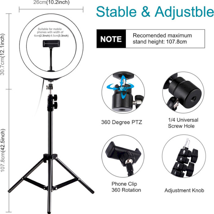 Кільцева LED лампа PULUZ USB 10" + штатив 1.1 м (PKT3035) Додаткові характеристики зовнішній діаметр 260 мм, внутрішній діаметр 210 мм, живлення USB, 80 світлодіодів, яскравість лампи 24-26 lm, колірна температура білого світла 6500K, температура теплого білого кольору 3200K, індекс кольоропередачі Ra>90, діапазон затемнення 1% -100%