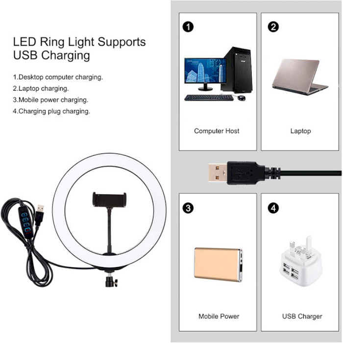 Кольцевая LED лампа PULUZ USB 10" + штатив 1.1 м (PKT3035) Bluetooth False