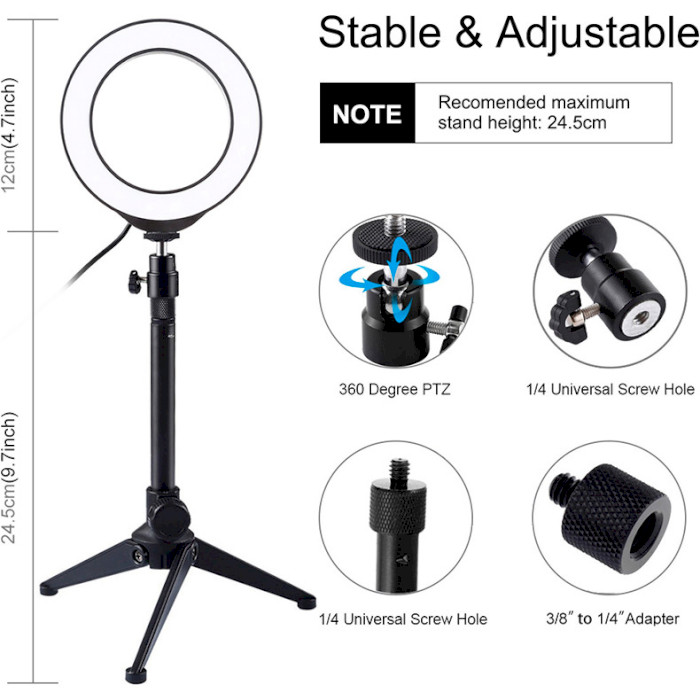 Кільцева LED лампа PULUZ USB RGBW 4.7" + штатив (PKT3049B) Додаткові характеристики режим роботи RGB + білий, 18 світлодіодів (SMD 5050 RGBW), розмір світлодіодного кільця 12х12 см