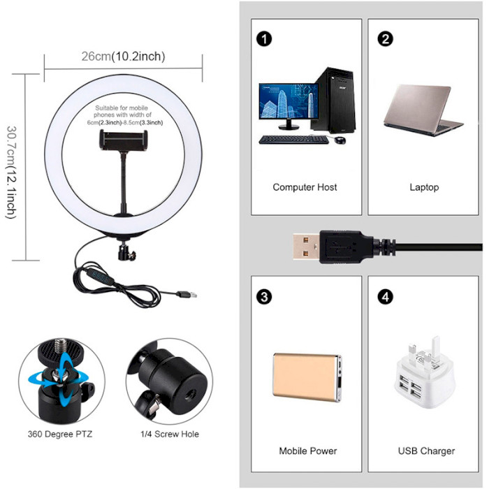 Кольцевая LED лампа PULUZ USB 10.2" (PU397) Дополнительные особенности наружный диаметр 260 мм, внутренний диаметр 210 мм, питание USB, 80 светодиодов, яркость лампы 24-26 lm, цветовая температура белого света 6500K, температура теплого белого цвета 3200K, индекс цветопередачи Ra>90, диапазон затемнения 1% -100%