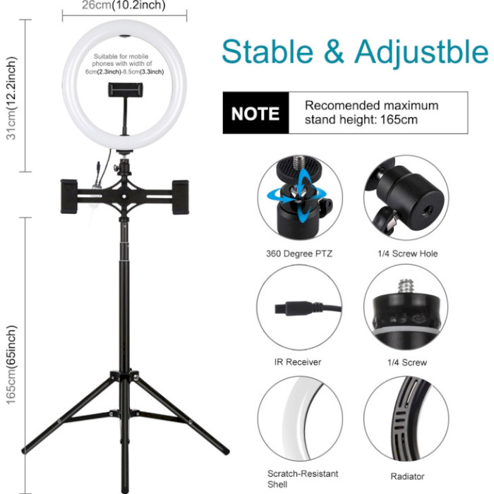 Набор блогера PULUZ PKT3055B 10.2" + штатив 1.65 м (PKT3055B) Дополнительные особенности цветовая температура - 6500 К, световой поток - 26 лм, питание от USB, зажим смартфона - 60...85 мм, высота штатива - 165 см