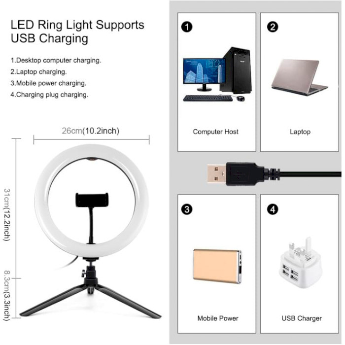 Набір для блогера PULUZ PKT3082B 10 " + штатив ( PKT3082B) Додаткові характеристики Кількість світлодіодів-48 шт, світловий потік-26 лм, Колірна температура-6500 К, висота штатива-8.3 см