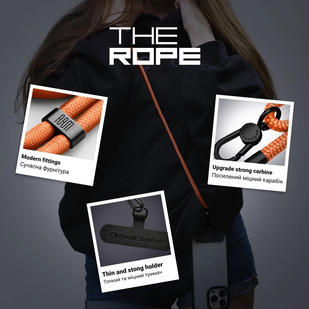 Фото 3 Ремінець для смартфона ARMORSTANDART Rope Black Tangerine with Dark holder (ARM76094)