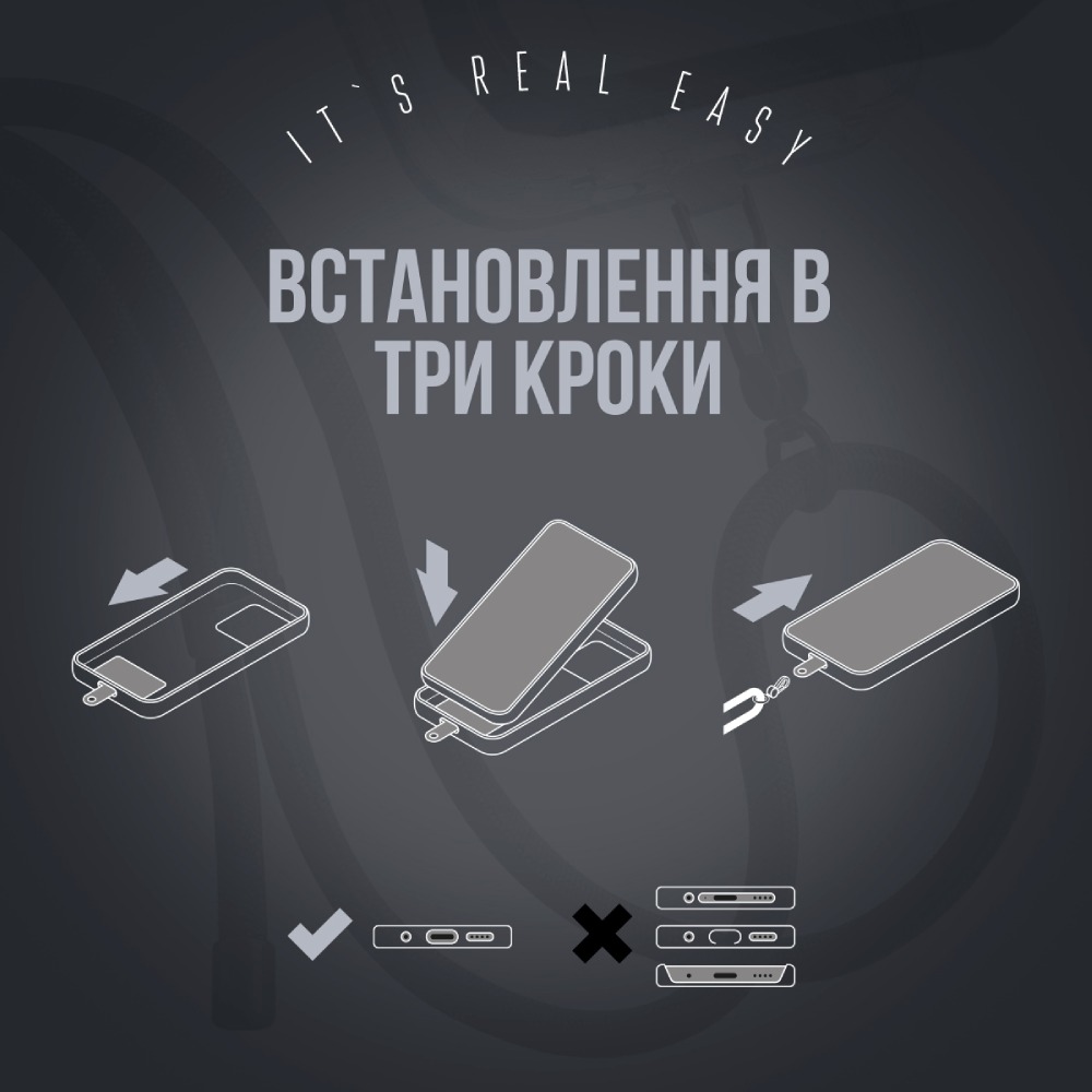 Фото 3 Ремінець для смартфона ARMORSTANDART Rope Black GlowWhite with Clear holder (ARM86565)