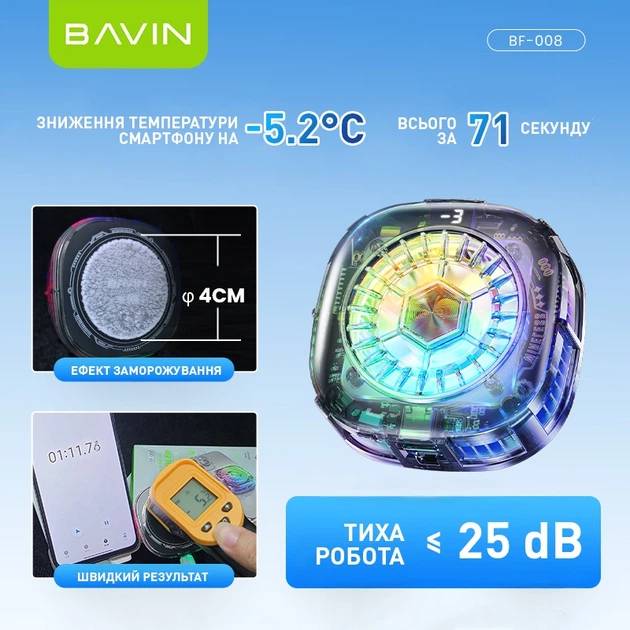 Игровой охладитель для смартфона BAVIN BF-008 -5°C RGB Type-C Gray (BF-008 GY) Комплектация радиатор, клипса, кабель для зарядки, инструкция, магнитные пластины