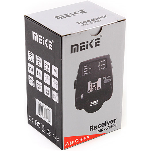 Ресивер MEIKE для Canon MK-GT600C (RT960095) Додаткові характеристики підтримка E-TTL; підтримка HSS до 1/8000 секунди; 4 розділених каналу для управління спалахами; частота 2.4 ГГц; відстань до 100 метрів;