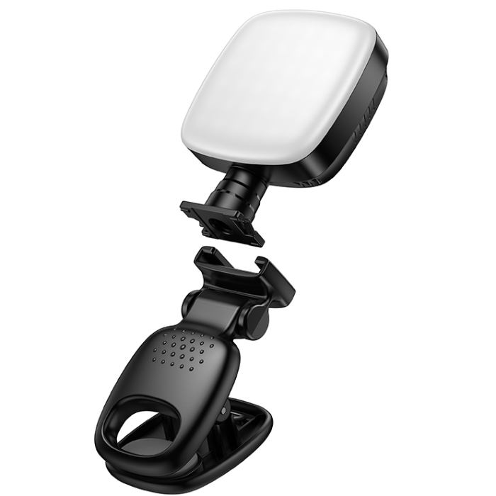 Накамерне світло HOCO K28 Black (6942007655880) Додаткові характеристики яскравість: до 860 люмен4 рівні освітлення: 9 режимів; колірна температура: 2700K-6500K; типи світла: тепла, холодна, тепла біла; кріплення: універсальні затискачі (сумісність із товщиною 1–20 мм)