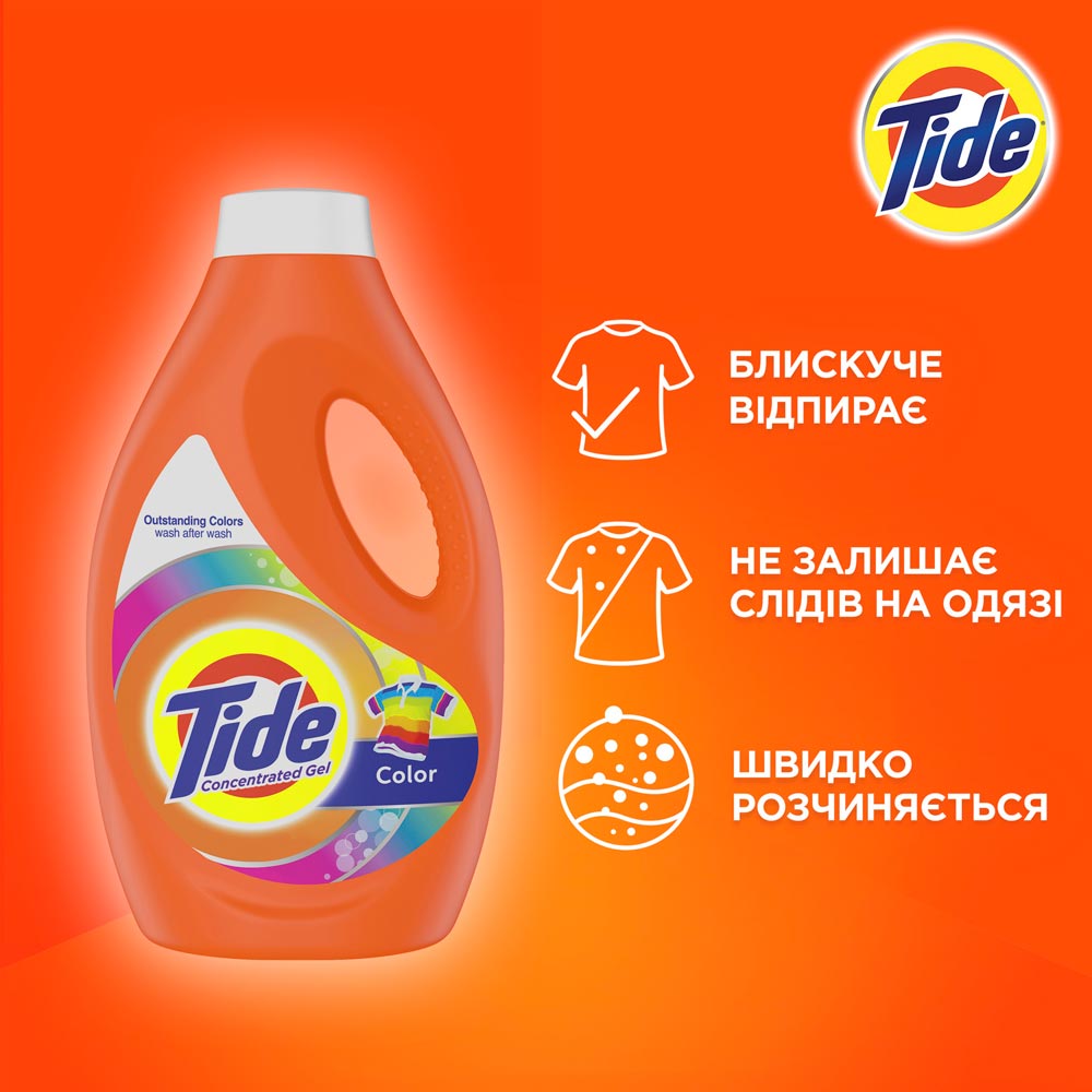 Гель для стирки Tide Color 1.045 л (8001841677866) Состав 5-15% анионные ПАВ, &lt;5% катионные ПАВ, неионогенные ПАВ, фосфонаты, поликарбоксилаты, цеолиты, энзимы, ароматизирующие добавки