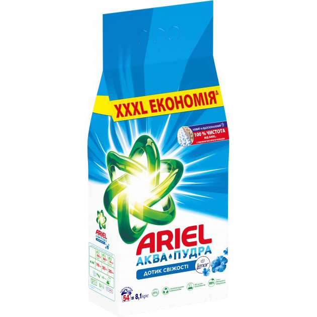 Пральний порошок Ariel Аква-Пудра Touch of Lenor 8.1 кг (8006540536827) Склад 5-15% аніонні ПАР, 5% неіоногенні ПАР, відбілювачі на основі кисню, фосфонати, полікарбоксилати, цеоліти, ензими, оптичні відбілювачі, ароматизатори