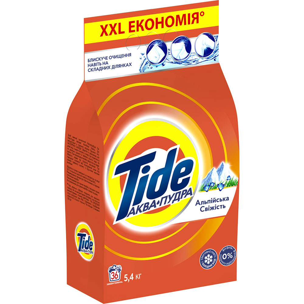 Стиральный порошок Tide Аква-Пудра Альпийская свежесть 5.4 кг (8006540535189) Способ применения Засыпьте 150 г (в среднем) порошка в отсек для порошка в стиральной машине, запустите программу стирки