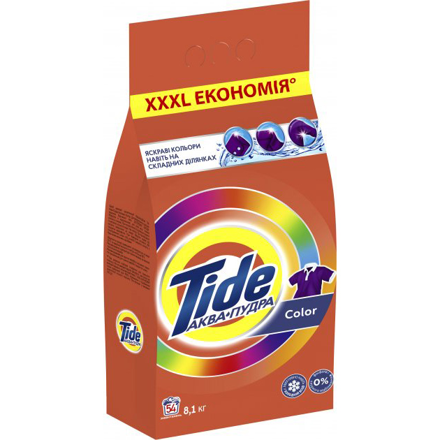 Пральний порошок Tide Аква-Пудра Color 8.1 кг (8006540535219) Спосіб застосування засипте 150 г (в середньому) порошку у відсік для порошку в пральній машині, запустіть програму прання