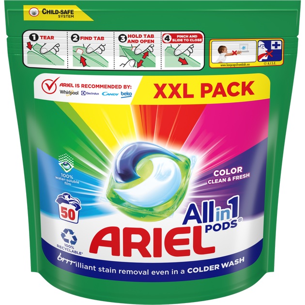 Капсули для прання ARIEL Pods All-in-1 Color 50 шт (8001090250681) Спосіб застосування покладіть одну капсулу Ariel прямо в барабан пральної машини, зверху капсули покладіть одяг і запустіть програму прання, капсула повністю розчиниться у воді