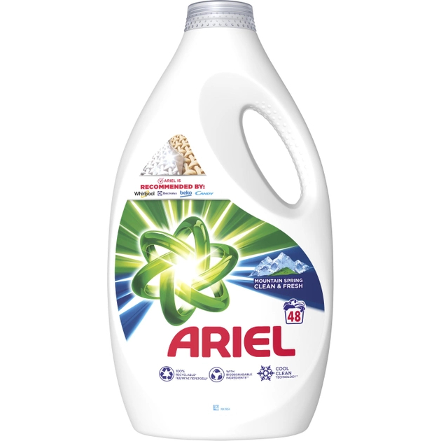 Гель для стирки Ariel Горный родник 2.4 л (8006540874745) Состав 5-15% Анионные ПАВ, Неионогенные ПАВ, &gt;5% Фосфонаты, Мыло, Энзимы, Оптические Отбеливатели, Бензизотиазолинон, Ароматизаторы, Цитронелол, Гераниол