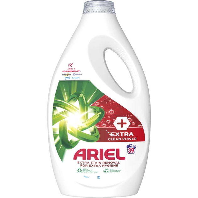 Гель для прання Ariel Extra clean 1.95 л (8006540878774) Склад 15-30% Аніонні ПАР, 5-15% Неіоногенні ПАР, &gt;5% Фосфонати, Мило, Ензими, Оптичні Відбілювачі, Бензізотіазолінон, Ароматизатори, Цитронелол, Гераніол