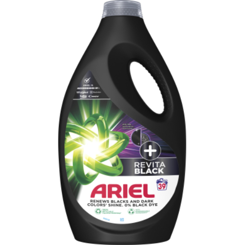 Гель для прання Ariel + Revitablack 1.95 л (8006540878880) Склад 5-15% Аніонні ПАР, ;5% Неіоногенні ПАР, Фосфонати, Мило, Ензими, Бензізотіазолінон, Ароматизатори, Цитронелол, Гераніол