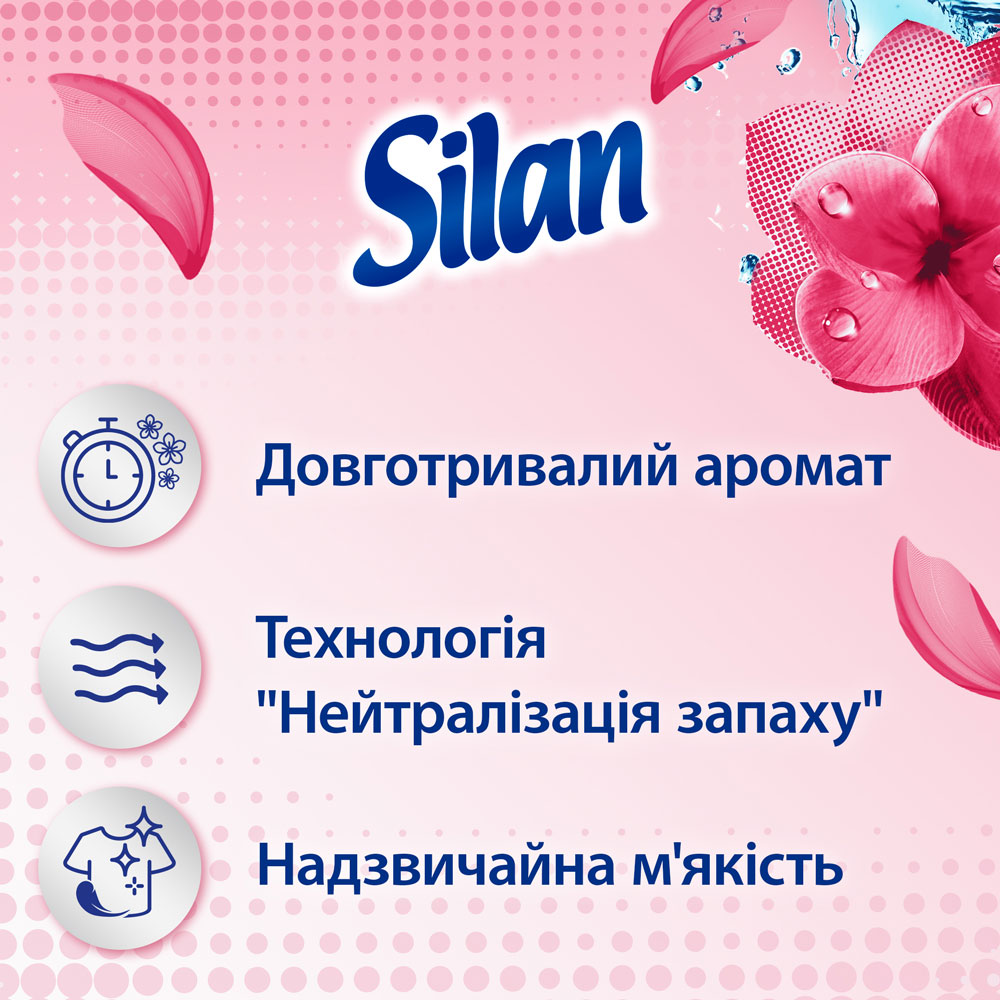 Кондиціонер Silan Fresh Control Свіжість квітів 2,772 л (2899987) Спосіб застосування Дозування: Використовуйте 22 мл для стандартного циклу прання.  Для більшої м'якості та інтенсивнішого аромату використовуйте 32 мл.  Якщо Ви завантажуєте в пральну машину понад 5 кг білизни, використовуйте 48 мл Silan.