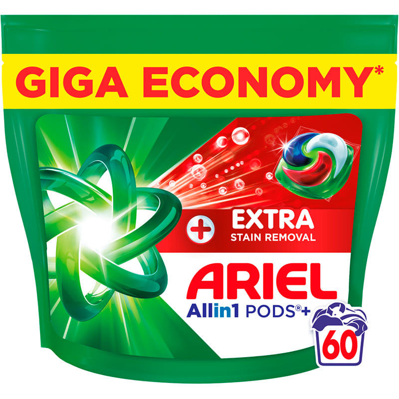 Капсули для прання ARIEL Pods+ All-in-1 Екстрасила виведення плям 60 шт (8700216764032) Склад 30% аніонні ПАР, 5-15% неіоногенні ПАР, 5% фосфонати, мило, ензими, оптичні відбілювачі, ароматизатори, альфа-ізометиліонон, цитронелол, ефірна олія з цедри помаранцю, кумарин, евгенол, лимон, пінеол, тетраметил