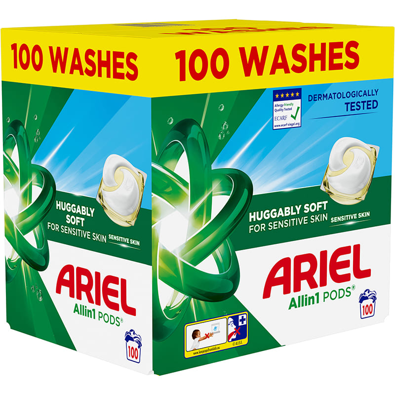 Капсулы для стирки ARIEL Pods+ All-in-1 Для чувствительной кожи 100 шт (8700216765619) Состав 30% анионные ПАВ, 5-15% мыло, 5% неионогенные ПАВ, фосфонаты, энзимы, оптические отбеливатели, ароматизаторы
