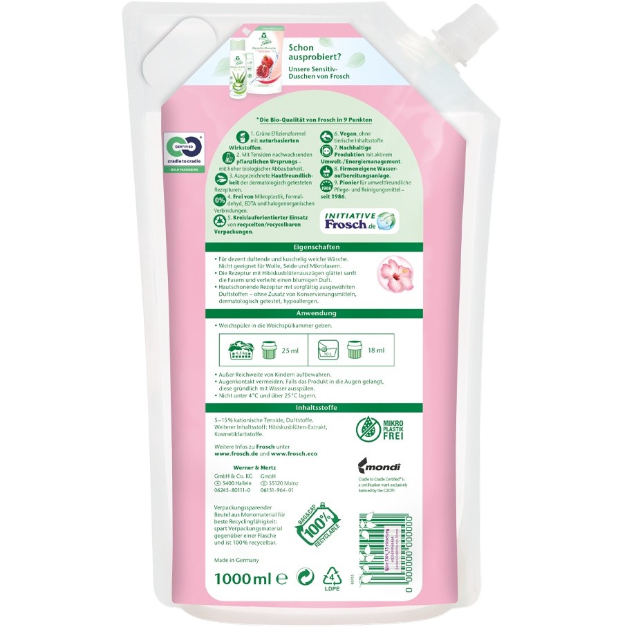 Кондиционер для белья FROSCH Цветы гибискуса 1 л (4001499968464) Состав 5-15% катионные ПАВ на растительной основе, ароматизирующие добавки, вспомогательные вещества: экстракт цветков гибискуса, косметические красители, не содержит консервантов