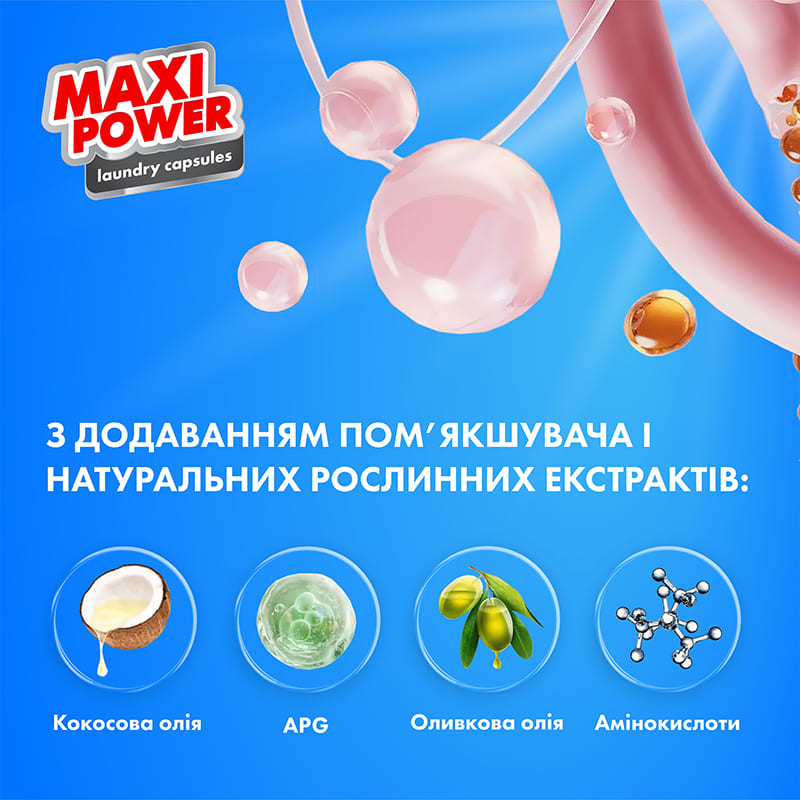 Капсули для прання MAXI POWER Freshness 11 шт (4823098414964) Склад 15-30% аніонних ПАР, 15-30% неіоногенних ПАР, ензими, ароматизатор, барвник
