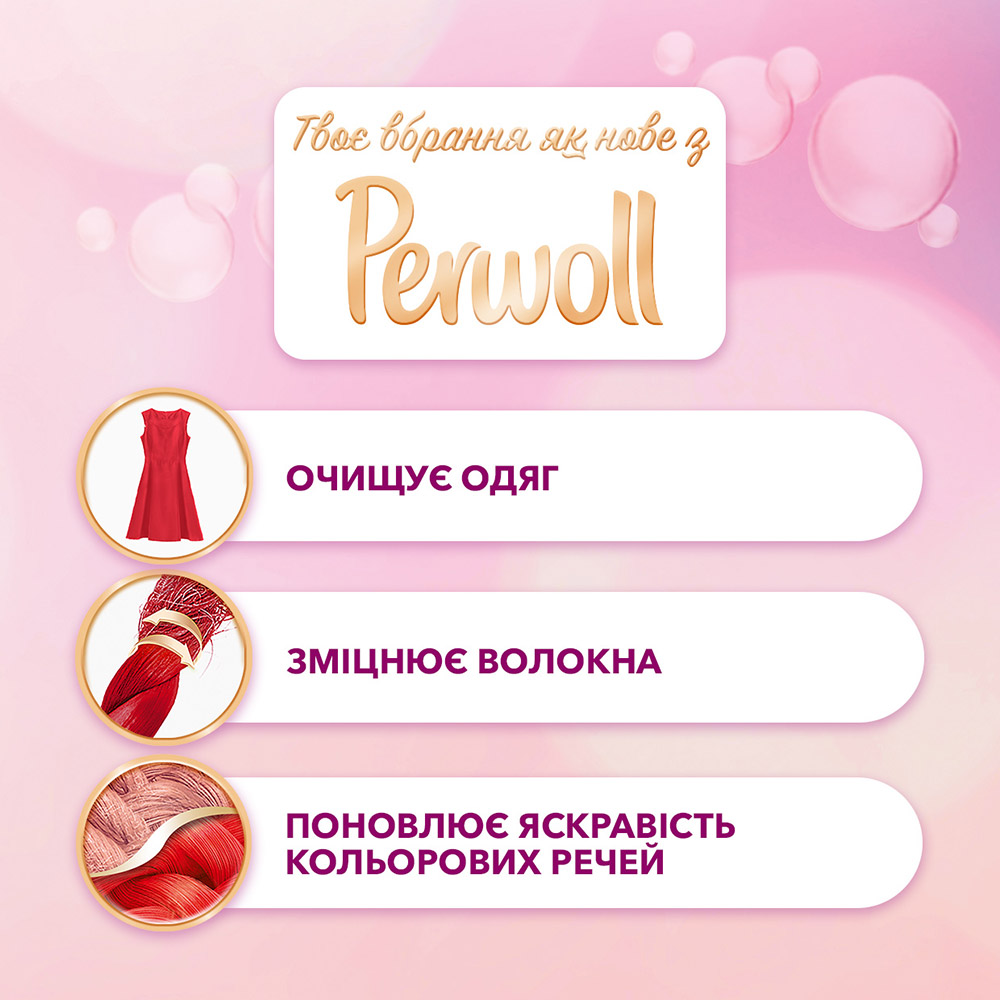 Гель для стирки PERWOLL для цветных вещей 0.9л (9000101326840) Способ применения для мягкой воды и воды средней жесткости использовать 60 мл, 90 мл или 120 мл (слабая, средняя и сильная степени загрязненности); для жесткой воды - 75мл, 105мл и 135мл; жидкость можно отмерять колпачком емкостью 110 мл