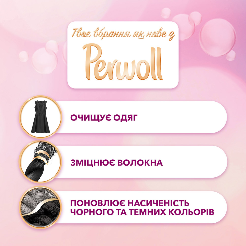 Гель для прання PERWOLL для темних і чорних речей 2.7 л (9000101328349) Спосіб застосування для м'якої води і води середньої жорсткості використовувати 60 мл, 90 мл або 120 мл (слабка, середня і сильна ступеня забрудненості); для жорсткої води - 75мл, 105мл і 135мл; рідину можна відміряти ковпачком ємністю 110 мл