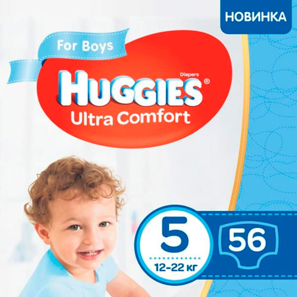 

Подгузники Huggies Ultra Comfort 5 Mega для мальчиков 56 шт (5029053543635), Ultra Comfort 5 (12-22 kg) Mega 56 Boy (N)