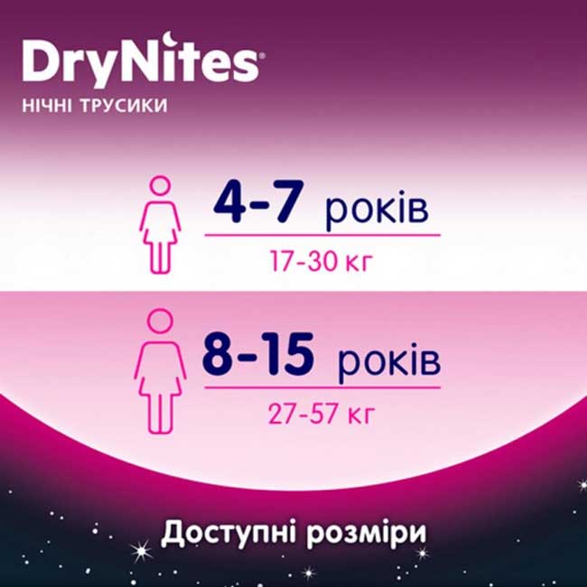 Фото Подгузники-трусики HUGGIES DryNites для девочек 8-15 лет 9 шт (5029053527604)