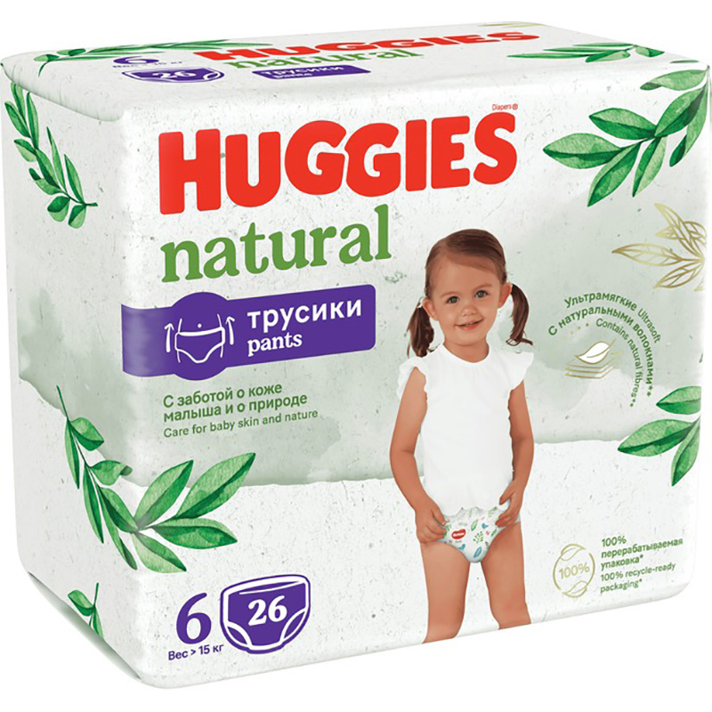 В Украине Подгузники-трусики Huggies Natural 6 (15-25 кг) 26 шт (5029053549613)