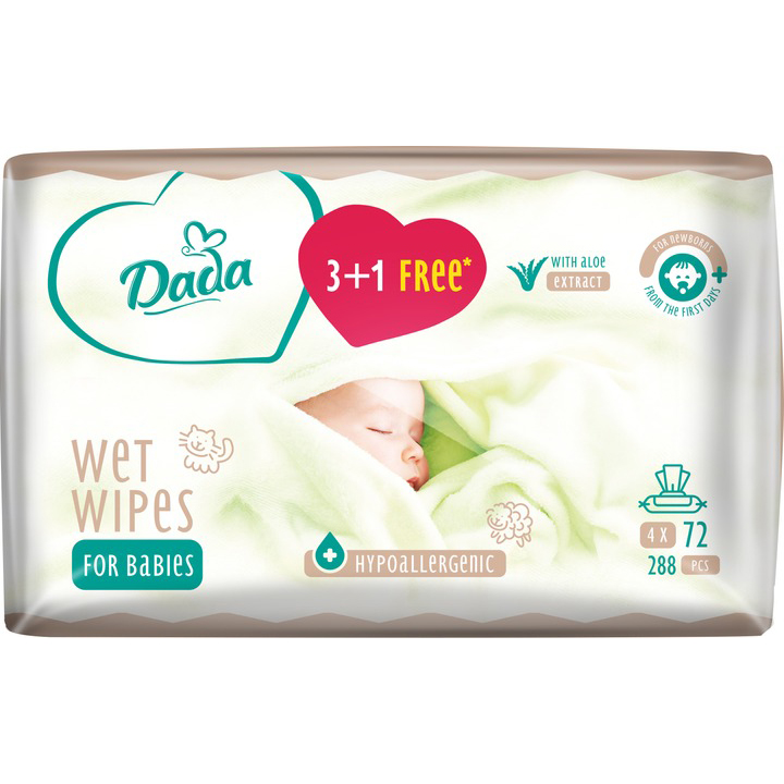 Вологі серветки DADA 3+1 з екстрактом алое 4 х 72шт (4820174980856)