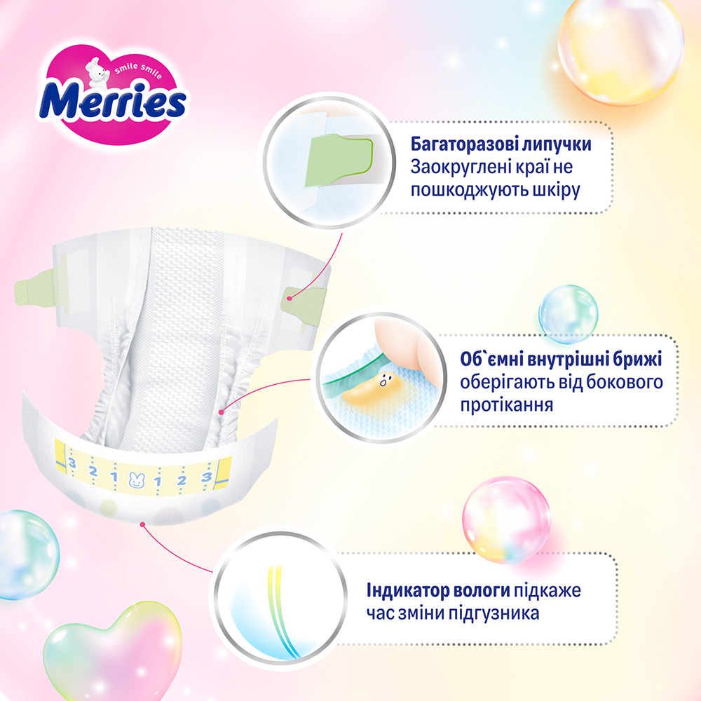 Зовнішній вигляд Підгузки MERRIES 5 кг 68 шт (SJ) (325062)