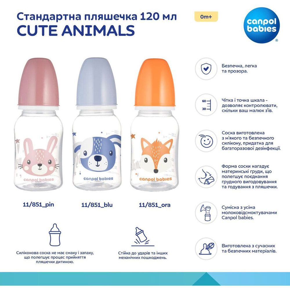 Пляшечка Canpol Babies Cute Animals 120 мл Помаранчева (11/851_ora) Для універсально