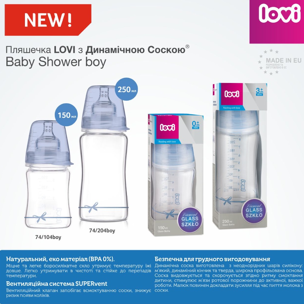 Бутылочка LOVI Diamond Glass 150 мл Baby Shower boy (74/104boy) Объем, мл до 160