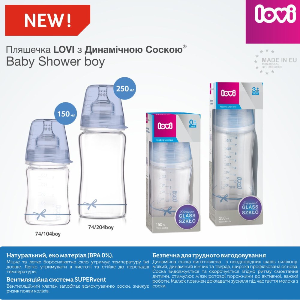 Пляшечка LOVI Diamond Glass 250 мл Baby Shower boy (74/204boy) Об `єм, мл 240-250