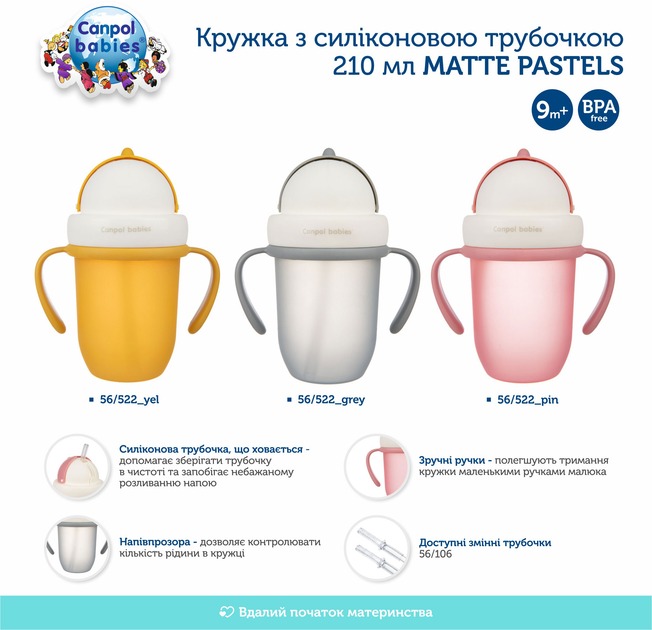 Зовнішній вигляд Кружка Canpol Babies Matte Pastels із силіконовою трубочкою 210 мл Grey (56/522_grey)