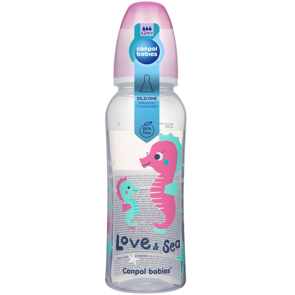 Бутылочка CANPOL BABIES PP LOVE&SEA 250 мл розовая (59/400_pin) Дополнительно можно мыть в посудомоечной машине; можно разогревать в микроволновой печи (бутылочка должна быть открыта); не содержит бисфенол A; высота: 19.7 см; ширина: 5,8 см; вес: 69 г