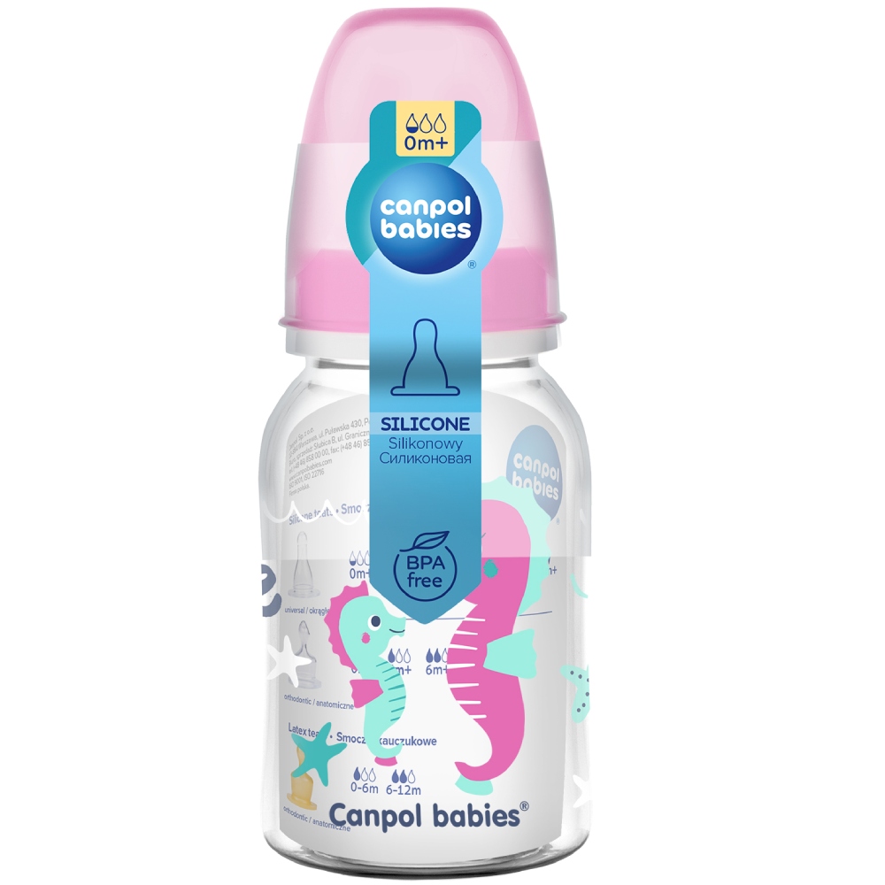 Бутылочка CANPOL BABIES PP LOVE&SEA 120 мл розовая (59/300_pin) Дополнительно можно мыть в посудомоечной машине; можно разогревать в микроволновой печи (бутылочка должна быть открыта); не содержит бисфенол A; высота: 14.6 см; ширина: 5,7 см; вес: 54 г