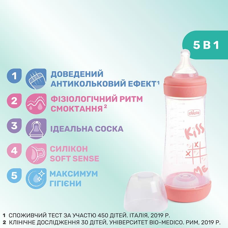 Бутылочка для кормления CHICCO Perfect 5 Love 300 мл Pink (20235.11.40) Возраст ребенка, месяцев 0+