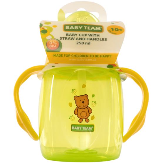 Поилка BABY TEAM 250 мл Yellow (5003) Дополнительно мягкая силиконовая трубочка; крышечка защищает от загрязнений