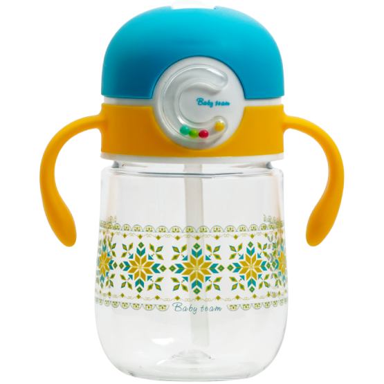 Поилка BABY TEAM 300 мл Blue/Yellow (5040) Дополнительно подходит для посудомоечной машины; мягкая силиконовая трубочка для питья прикрыта колпачком