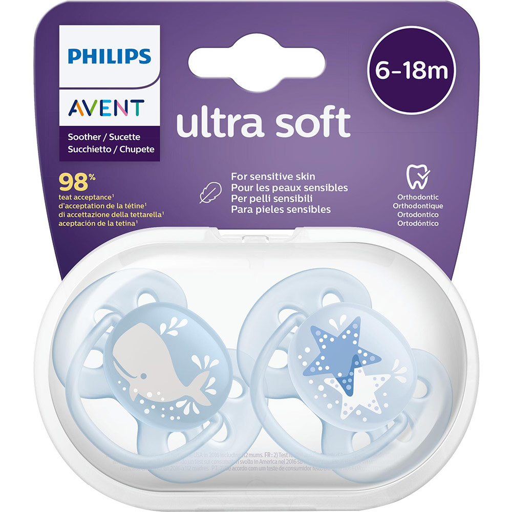 Пустушка Philips AVENT Ultra Soft для хлопчиків 6-18 міс 2 шт (SCF223/03) Розмір (вік) розмір В (від 6 до 18 місяців)