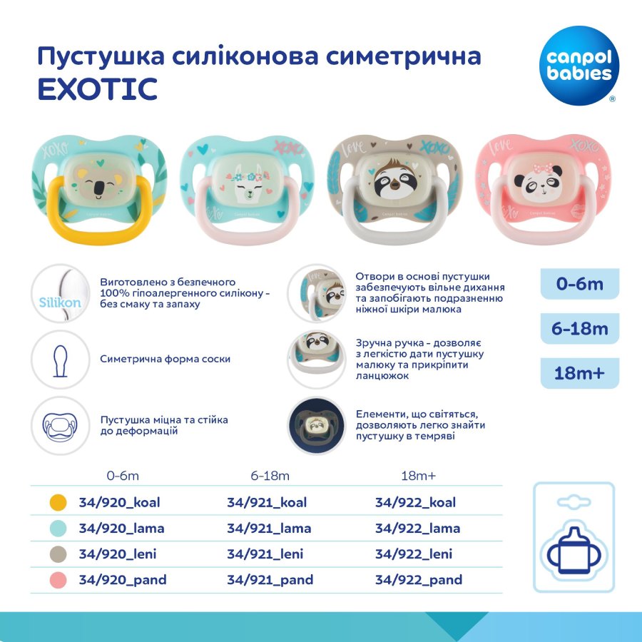 Покупка Пустушка CANPOL BABIES EXOTIC Лінивець 0-6 міс силіконова симетрична (34/920_leni)