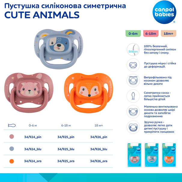 Пустушка Canpol babies CUTE ANIMALS 6-18 місяців Pink (34/925_pin) Матеріал силікон